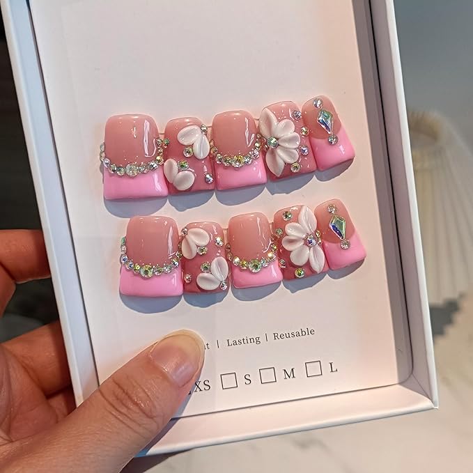 Duckbill Shape Handmade Press On Nails Kit,Pink French Floral Nails with 3D Flowers Diamond Designs,Glazed Donut Nude Pink Fake Nails with Tools,Elegant French Tip Duckbill Nails with Gems(M)