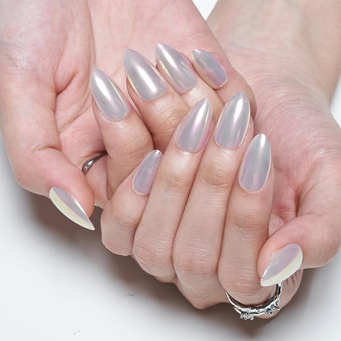 GLAMERMAID Chrome Press On Nails Short Almond, White Pearl Handmade Soft Jelly Gel Fake Nails, Glazed Donut Round Oval Stick Glue on Nails Kit for Women, Mermaid Matal Reusable Acrylic False Nail Set