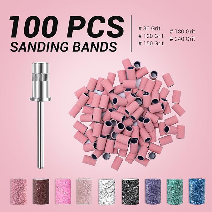 MelodySusie 100 Pcs Nail Drill Bits Sanding Bands for Nail Drill 180 Fine Grit Nail File Sanding Bands for Acrylic Nails Gel Manicures and Pedicure (Pack of 2)