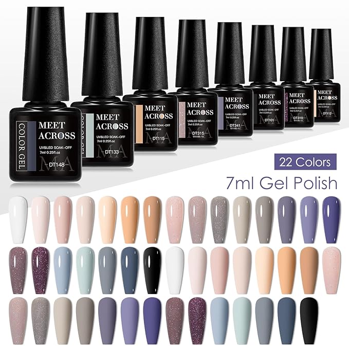 MEET ACROSS Nude Gel Nail Polish Kit 22 Colors Gel Polish Set Skin Tones Neutral Gray Purple Series Soak Off Uv Led Lamp Gel Nail Kit DIY Nail Art Salon Home Gift 30Pcs