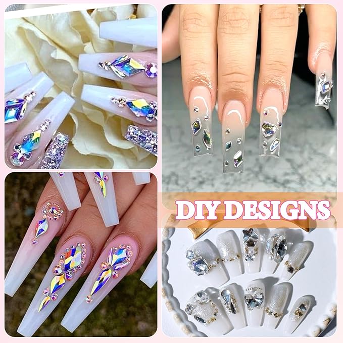 AB-Colors Flatback Nail Art Rhinestones Kit, Mix Crystal AB-Color Flatback Rhinestones Crystals Diamonds, Multi Shapes Glass Crystals Diamonds for Nail Art Design Crafts Clothes Shoes Jewelry