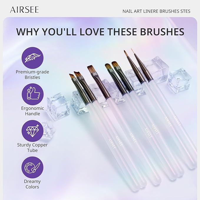 AIRSEE Gel Polish Nail Art Brushes set, 7PCS Nail Art Design Tools with Painting, Polish, Liner, Detail, Extension, and Carved Brush, DIY Manicure Tools Gift for Women, Aurora White