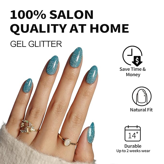 Glitter Peacock Blue Press on Nails Almond Short with Sparkling Diamond - Soft Gel Fake Nails for Women Gift, Glossy Stick On Nails with Glue in 16 Sizes - 32 Reusable Nails, Peacock Blue