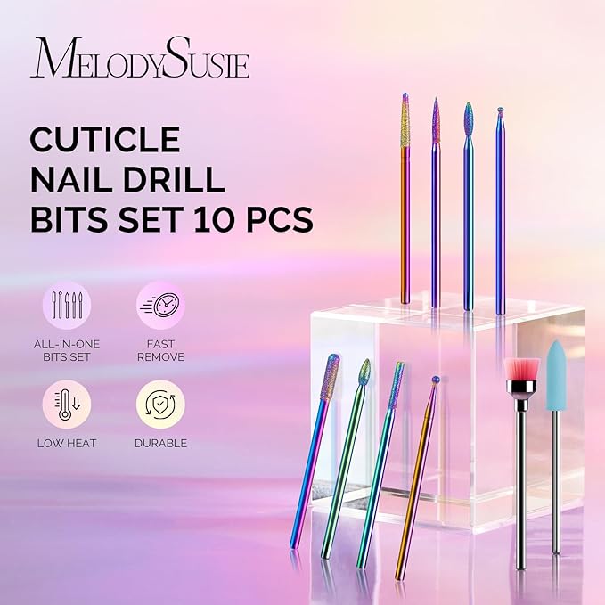 MelodySusie 10pcs Nail Drill Bits Set, 3/32 Inch Diamond Cuticle Bits for Nail Drill E-File, Manicure Pedicure Remover Tools for Acrylic Gel Nails, Salon Home Use Nail Care Supplies, Rainbow