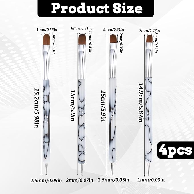 4 PCS French Tip Brush for Nails, 2-Way French Acrylic Nail Brushes with Dotting Tool, Acrylic Nail Tip Tool Brushes for Nails Detailed Designs DIY Manicure Salon