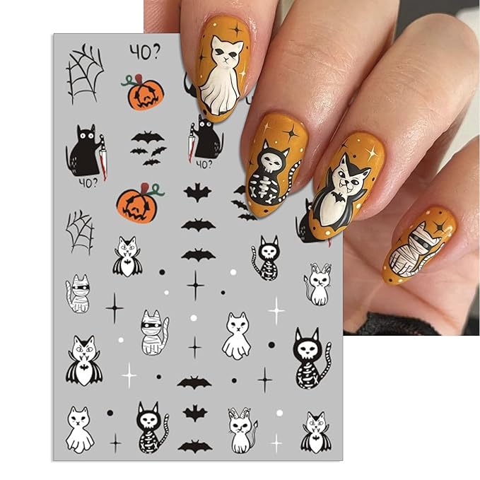 Halloween Nail Art Stickers, Pink Pumpkin Nail Decals, 3D Self-Adhesive Spider-Web Bat Design for DIY Nail Supplies Decoration (6 Sheets)