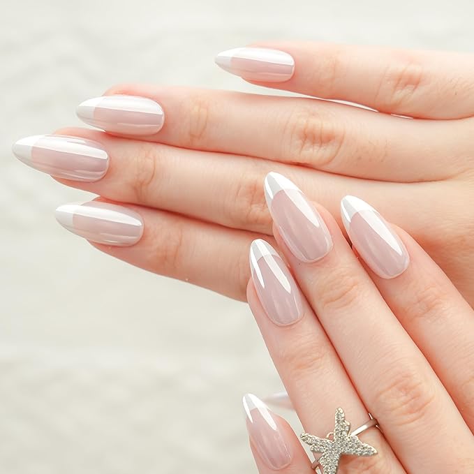 30Pcs Almond Press On Nails - Supremely Fit & Natural Soft Gel Almond Nails,15 Sizes, Reusable Fake Nails Kit with Gift Box for Women (French White)