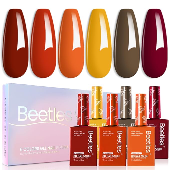 Beetles Hema- Free Gel Nail Polish Set - 6 Colors 15ML Burgundy Brown Dark Red Yellow Light Orange Gel Polish Kit Soak Off UV LED Hema Free DIY Home Salon Gift for Women Autumn Dusk