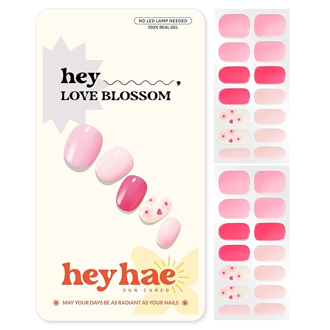 Heyhae Semi Cured Gel Nail Strips | No LED Lamp Needed | Pink, Valentines | Easy Apply & Remove, Salon Quality | Includes 28 Strips, 1 Prep Pads, Nail File & Wooden stick - Hey, Love Blossom