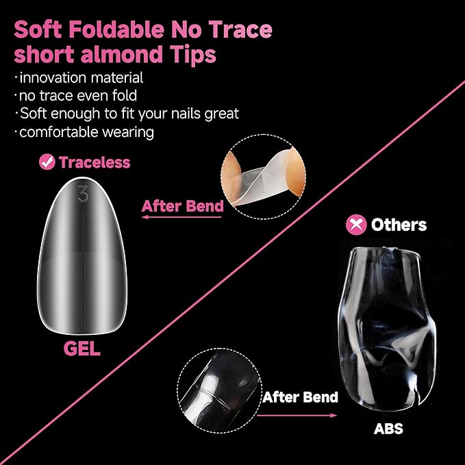 UNA GELLA Short Almond Nail Tips, 312Pcs Pre-file Inner & Full Matte Surface Short Almond Nail Tips, 15 Sizes No C Curve Soft Acrylic False Nails for Nail Extension