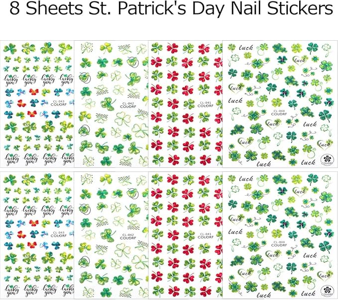 8Sheets St Patricks Day Nail Art Stickers 3D Holographic Shamrock Nails Stickers Self-Adhesive Deisgn Nail Decals Green Lucky Clover of Irish Nail Decorations for Women St. Patrick's Day Manicure Tips