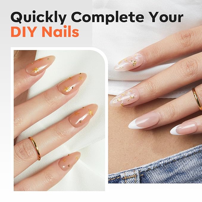 modelones X Nail Gel Kit Almond, 15Sizes Instant Apex False Nail Tips Solid Glue & Mini U/V Lamp, 240Pcs Medium Almond Pre-Building Thick Acrylic Press on Tips LED Light Extension Kit Women Gift