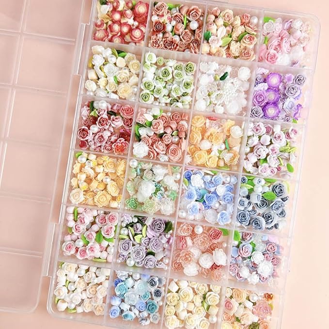 24Grid Random Mixed Flower Nail Charms - Colorful Floral Nail Decor Charms With Pearl Leaves & Resin Camellia Rose Designs