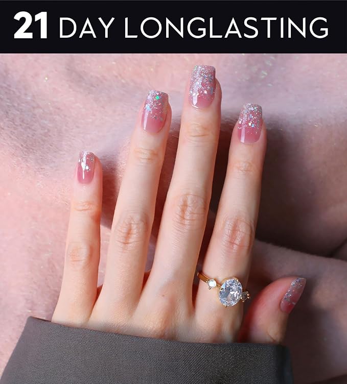 Semi Cured Gel Nail Strips - UV Light Gel Nail Stickers - 20 Long Lasting Salon Quality Wraps (Silver Pink Flower Glint)