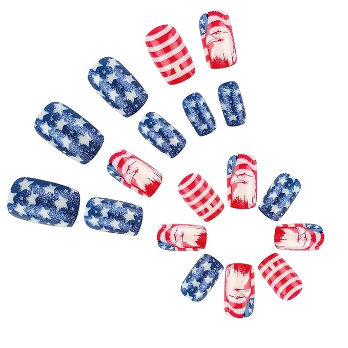 4th of July Press on Nails Medium Square America Flag Fake Nails Bald Eagle False Nails with Designs Full Cover Glossy Glue on Nails Acrylic Nails Manicure Artificial Nails for Women Girls 24Pcs
