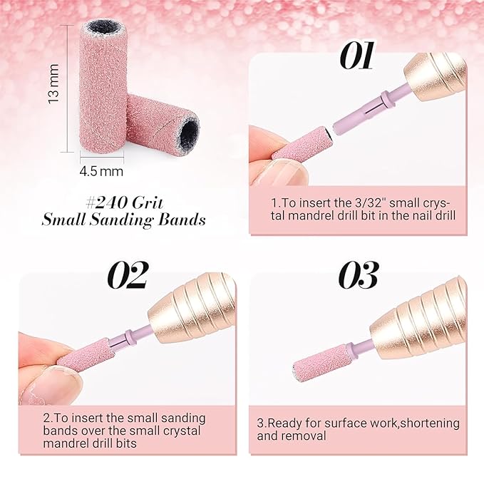 MelodySusie 120 Pcs Nail Drill Bits Small Sanding Bands for 3.1mm Mandrel Bit, 240 Extreme Fine Grit Nail File for Acrylic Nails Gel Manicures and Pedicure, Pink (Only Sanding Bands)