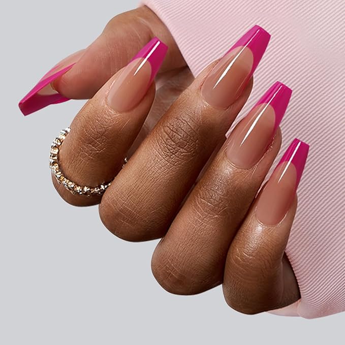 BTArtboxnails XCOATTIPS Pink French Tip Press On Nails - Coffin Press On Nails Medium, Soft Gel Nail Tips, Soak Off Brown Acrylic Fake Nail Extension in 15 Sizes