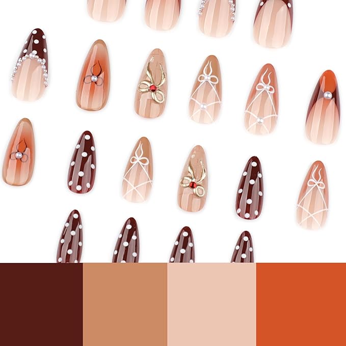 Almond Press on Nails Medium - Spot Fake Nails with Bow Design - Pearl False Nails Press Ons - for Women Manicure 24 Pcs