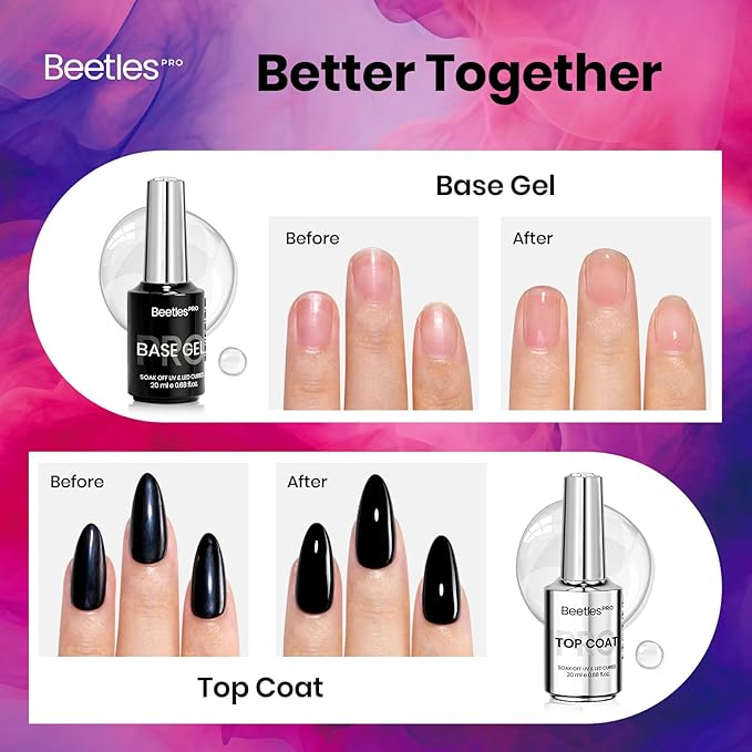 Beetles Pro Gel Top Coat and Base Gel Nail Polish, 20ml Upgraded Super Shine Finish and Long Lasting for 28 Days, Soak Off LED Nail Lamp Finish Nail Art Design Manicure for Salon