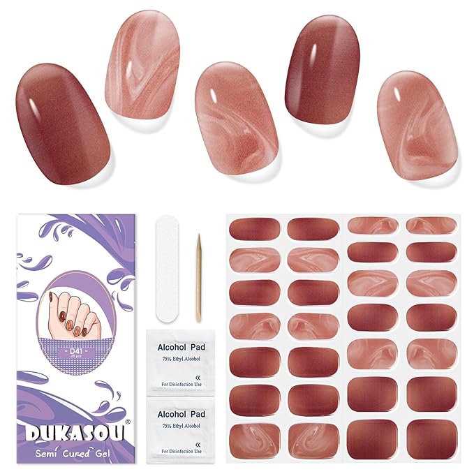 Semi Cured Gel Nail Strips, 28 pcs Gel Nail Stickers Work with Any UV Lights, Long-Lasting Nail Wraps, Stick on Nails for women Easy to Apply & Remove