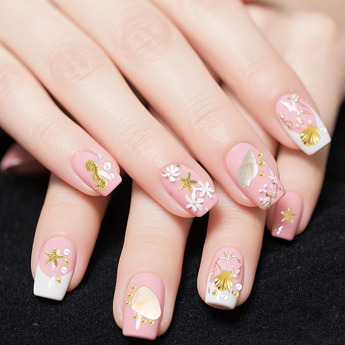 2 Boxes Ocean Nail Art Charms, 3D Metal Nails Stickers, Beach Starfish Seashell Decals Manicure DIY Embellishments for Women- Gold & White