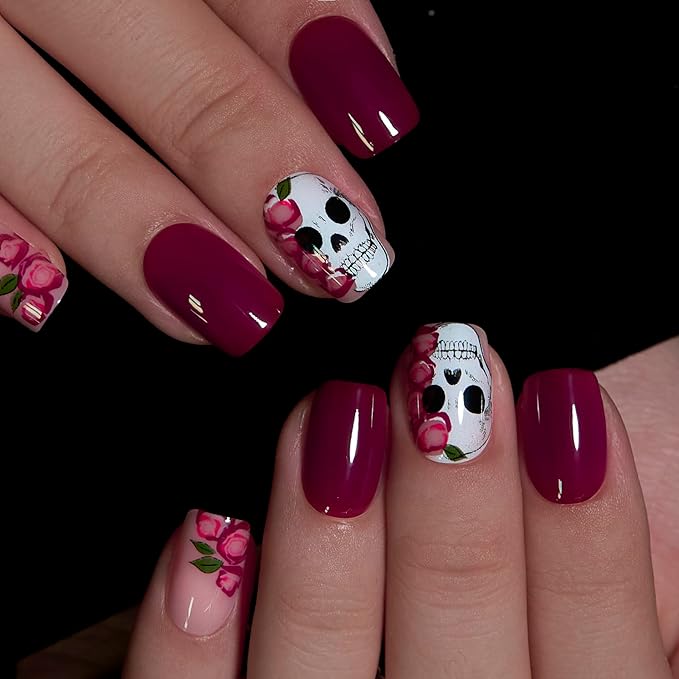 Curvlife Press on Nails Acrylic Fake Nails with Short Square Red skull Design Full Cover False Nails Reusable Nail Kit with Nail Glue Adhesive Tabs Glue on Nails