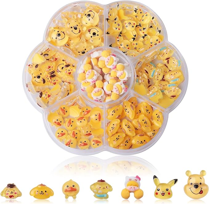 140 Pcs Kawaii 3D Flatback Cartoon Yellow Series Charms for Nail Acrylic Slime Resin DIY Nail Art Decorations, Hair Clips and Phone Cases