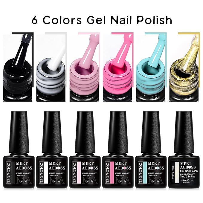 MEET ACROSS 5 Colors Gel Nail Polish with Glitter Gel Top Coat, Shimmery Nail Gel Polish Black White Pink Sky Blue Nail Polish Set Manicure DIY Home Salon 6Pcs*7ml