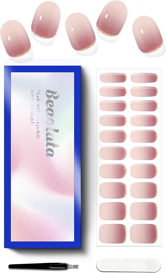 Semi Cured Gel Nail Strips - UV Light Gel Nail Stickers - 20 Long Lasting Salon Quality Wraps (Enigmatic Pink Glint)