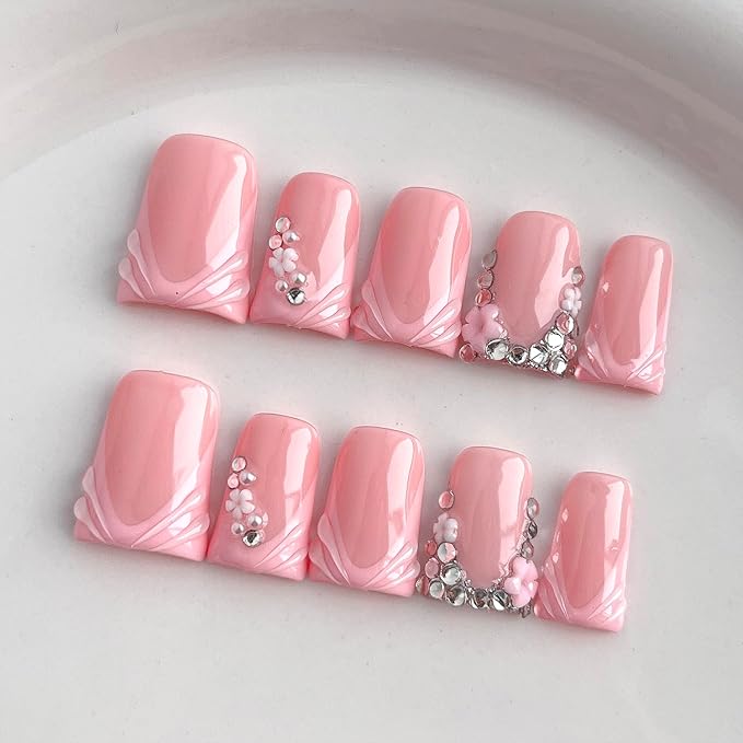 French Tip Press on Nails Handmade Short Duck 3D Floral Thick Acrylic Nails Cute False Nails with Rhinestones Flower Designs Pink Glossy Fake Nail Sturdy Art Press on Nail 10Pcs(M)