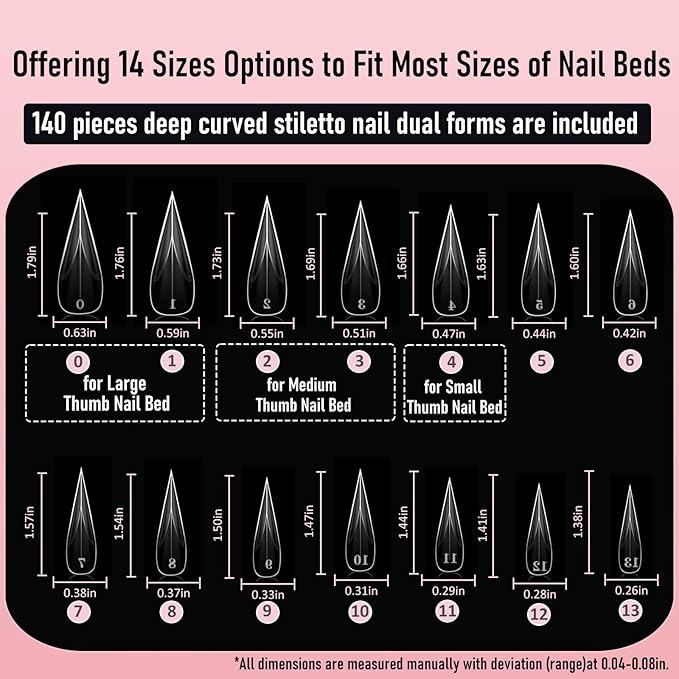 Deep Curved Stiletto Nail Dual Forms for Poly Gel Extension, 3D Eagle Claw Nail Mold, Long Cat Claw XXL Hawk Curve Sculptural Reusable Full Cover Nail Form 140 Pcs 14 Sizes Q45