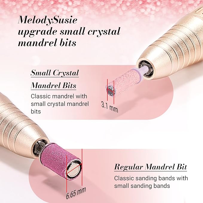 MelodySusie Small Crystal Top 3.1mm Mandrel Bit for Nails, 3/32'' Easy Off Nail Drill Bits for Sanding Bands, Suitable for Acrylic Nails Gel Manicures and Pedicures, Rose Pink