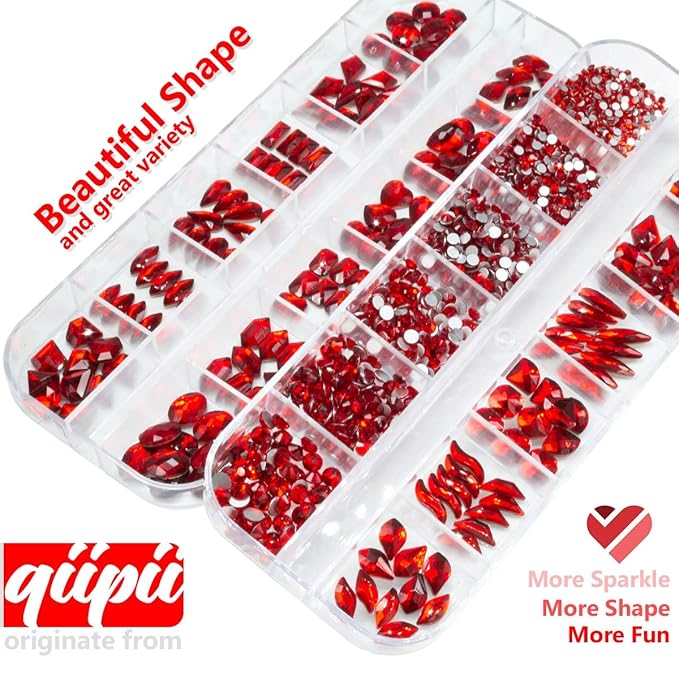 24 Styles Ruby Red Nail Rhinestones Multi-Shapes K9 Glass Flatback Siam Red Big Gems Round Beads Stones Diamonds Jewels Crystals Nail Art Charms for Nails Face Eyes Makeup Crafts Clothes Shoes