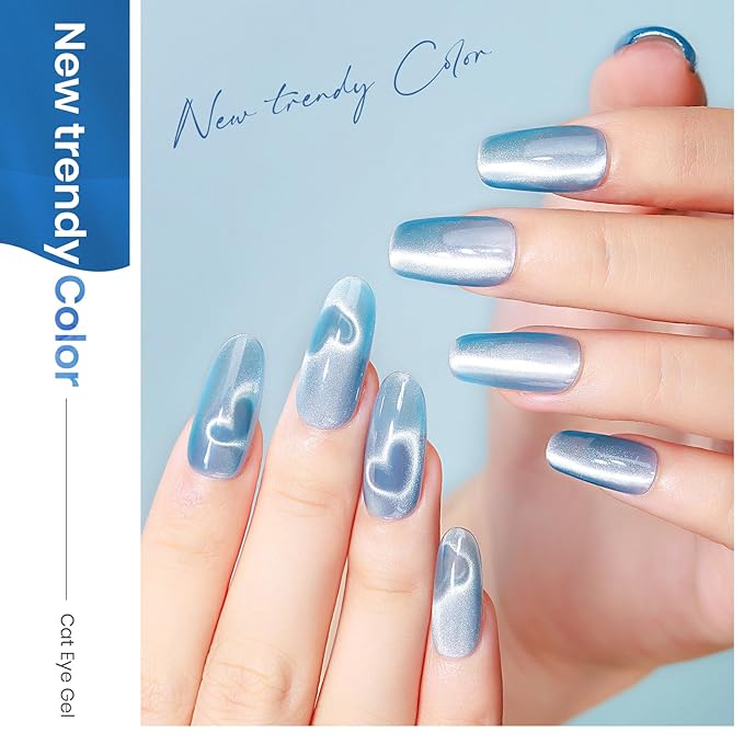 MIZHSE Moonlight Cat Eye Gel Nail Polish, 12mL Blue Glitter Cateye Gel Nail Polish Ceramic Glitter Magnetic Soak Off U V LED Nail Gel Polish for Home Manicure Nail Art