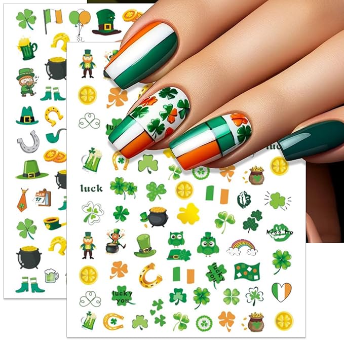 St. Patrick's Day Nail Art Stickers, Irish Shamrock Leprechaun Hat 3D Self-Adhesive Nail Decals Lucky Clover Design (6 Sheets)