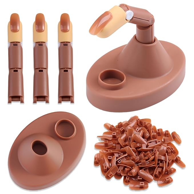Practice Fingers for Acrylic Nails Adjustable Removable Fingernail Training Set with 1 Base Stand, 3 Fake Fingers, 100 Brown Nail Tips for Nail Beginners Manicure Art Practicing