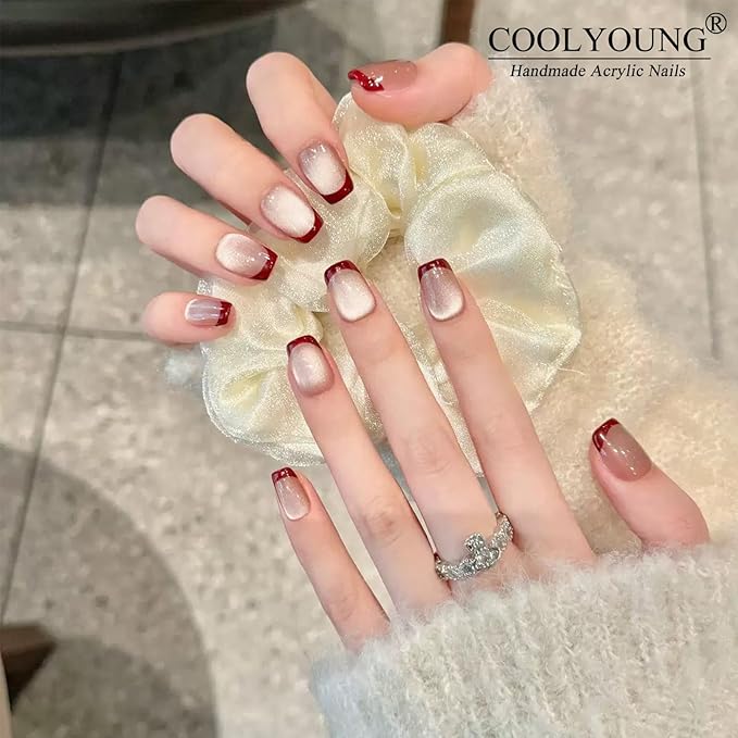 Press On Nails, COOLYOUNG Red French Tip Press On Nails, Cat Eye Nails, Short Natural Acrylic Fake Nails for Women, 30 PCS False Nails