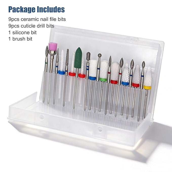 20pcs Nail Drill Bits Set,3/32inch Professional Ceramic Safety Bits for Nail Drill, Cuticle Electric Nail File Acrylic Gel Nail Bit Kit,Remover Bits for Acrylic Gel