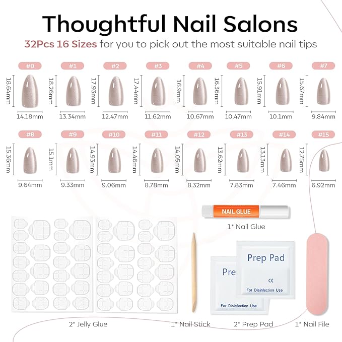 Modelones Cat Eye Press on Nails Almond, Spring Short Fake Nails, Reusable Nail Kit with Nail Glue Adhesive Tabs Mini Nail File, Nails Press Ons 32Pcs 16 Sizes, Women Girl Gift
