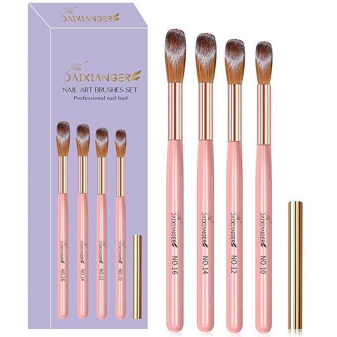 4PCS Rose Gold Acrylic Nail Brush Set,Size 10/12/14/16 Professional Nail Brushes for Acrylic Application Extension and 3D Carving for Nail Home Salon DIY