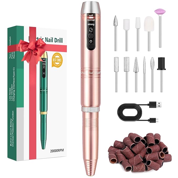 20000RPM Electric Nail Drill Rechargeable Compact Portable Efile Professional Manicure Cordless Pedicure Nail File Drill Kit for Acrylic Gel Nails and Home Salon Use