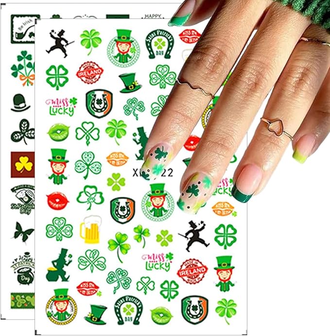 10 Sheets St. Patrick's Day Nail Art Stickers 3D Self-Adhesive Shamrock Nail Decals Green Clover Gold Hat Letter Designs Irish Nail Stickers St. Patrick's Day Nails Decor for Women Manicure Supplies