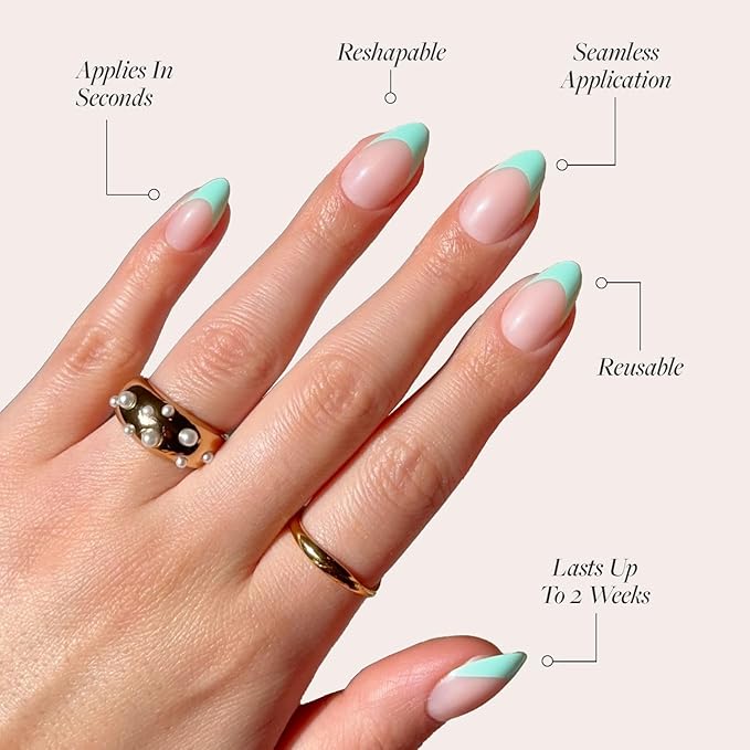 Glamnetic Press On Nails - Pistachio Crème | Short Almond Fake Nails with Mint Blue French Tips and Glossy Finish, Salon Quality | 15 Sizes - 30 Nail Kit with Glue