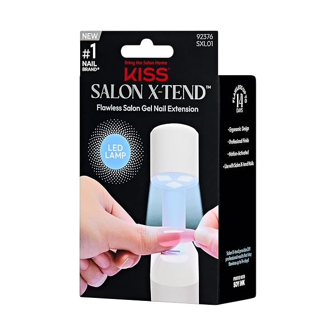 KISS Salon X-tend LED Curing Lamp, Soft Gel DIY Nail Extensions System, For Curing & Pre-Curing, Motion Activated, Compact Ergonomic Design, Angled Light, Stable Stand, Up To 14 Day Wear, 1 Piece