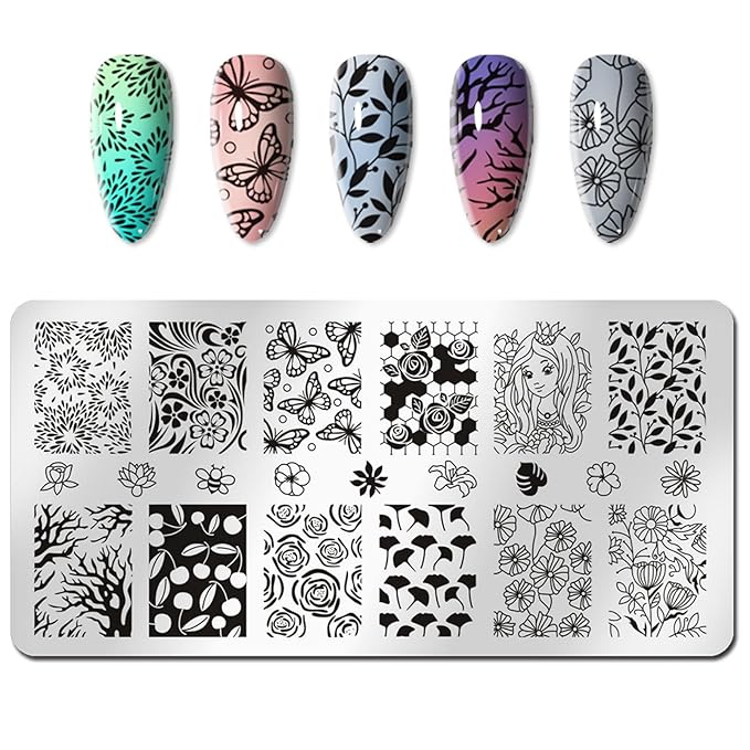 WOKOTO 6Pcs Nail Art Stamping Plates Kit with Flower Butterflies Rose Bird Image Templates Stamping Nail Art Tools Nail Stamp Kit