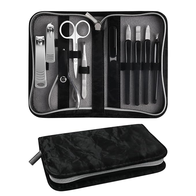 Manicure Pedicure Set, Nail Clipper Set 10-Piece Set Professional Manicure Kit Nail Kit with Portable Black Leather Case Gift for Men Boyfriend Parent