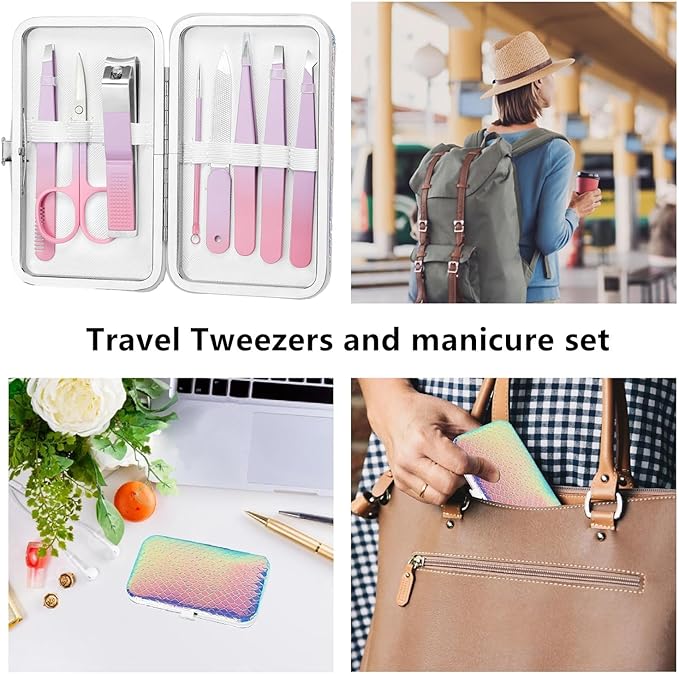 Tweezer Set, Precision Tweezers Kit for Eyebrow Facial Hair Splinter and Ingrown Hair,Travel Tweezers and Nail Clipper Set with Nail Clippers Scissor Maniucre Nail Grooming Kit Gift for Women