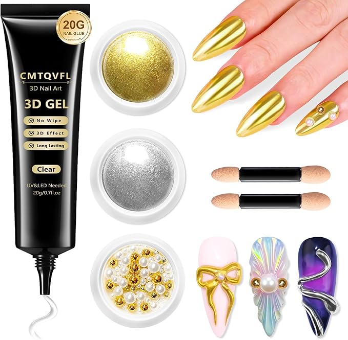 No.1 Metallic Gold Chrome Nail Powder Mirror Effect Kit with 20g 3D Gel Nail Art Sculpture Clear 100% Non-Toxic for Nails Extension, DIY at Home Salon, Gold Chrome Nail Art Supplies