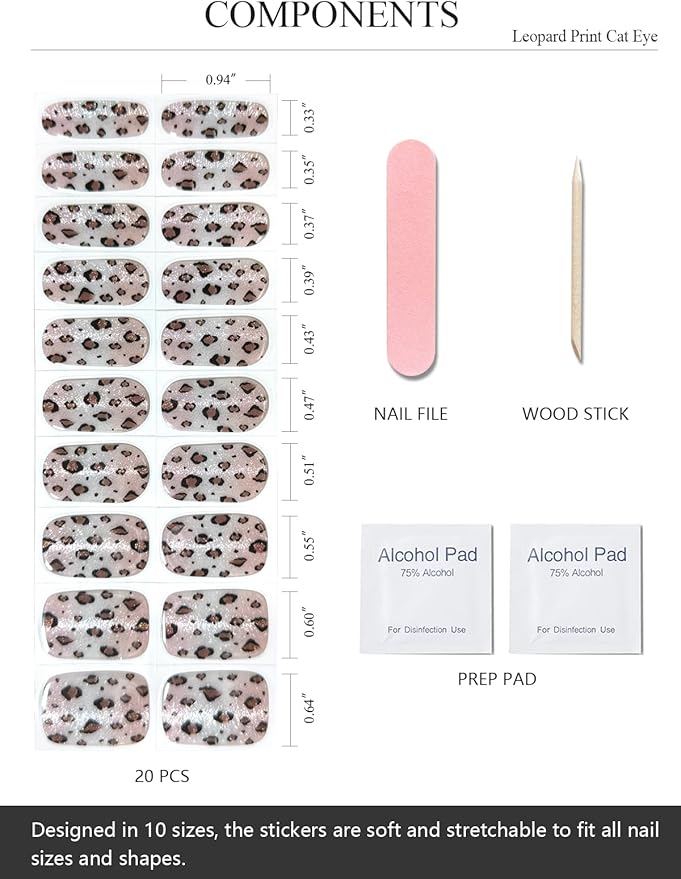 Semi Cured Gel Nail Strips (Leopard Print Cat Eye), Brown, 20 Pcs Fall Gel Nail Wraps, Stickers, Salon Quality, Works With Any UV Lamps