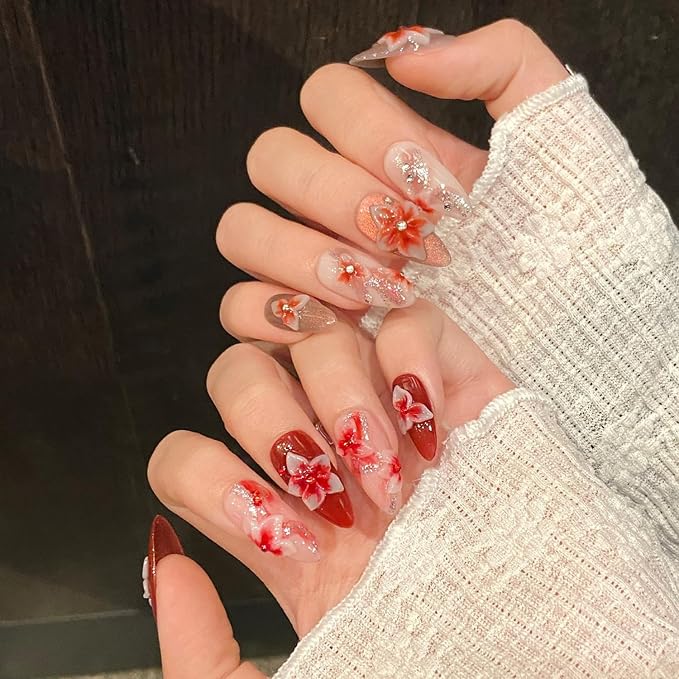 Flower Press on Nails Medium Almond Glitter Fake Nails 3D Luxury Floral Rhinestones Embossed Designs Handmade Press on Nails Muti-Layer Gel Thick False Nails Red Gradient Acrylic Nails (Size M)